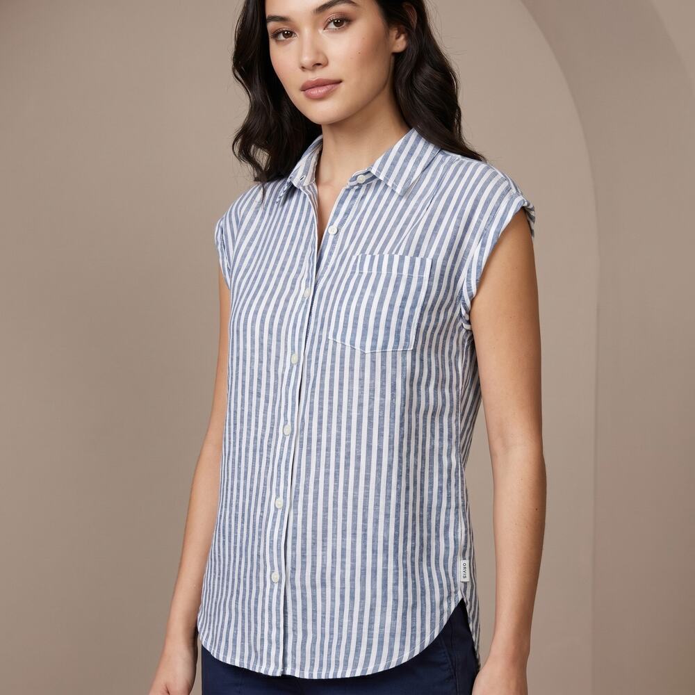 Orvis Women's Striped Linen Blend Button Down Shirt Coastal Grandma Blue S